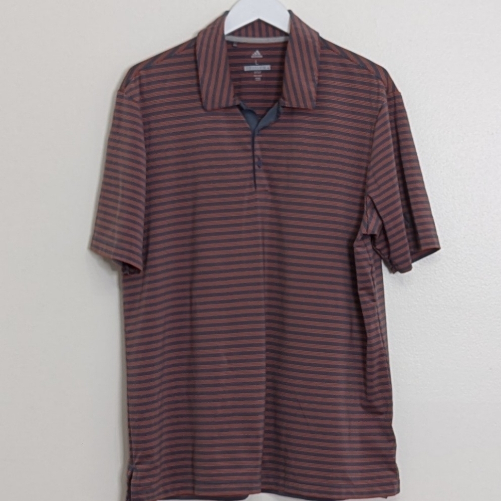 Adidas Golf Polo Men Large Red Gray Striped Short Sleeve